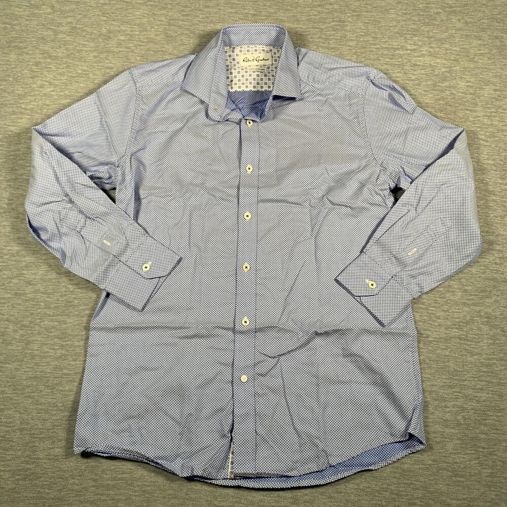 Robert Graham Shirt Mens 15.5 Medium Blue Tailored Fit Micro Check Dress Cotton